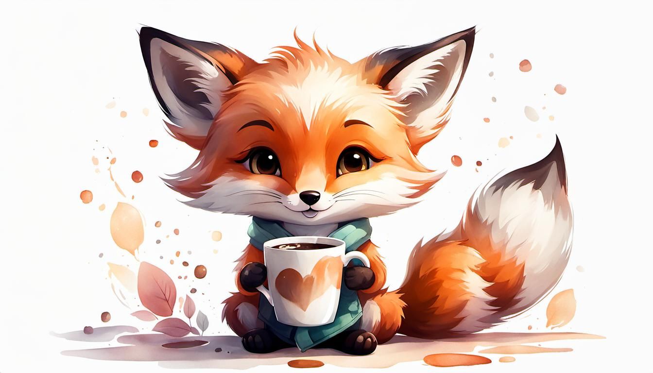 Chibi Fox with Coffee: Ink Wash Illustration