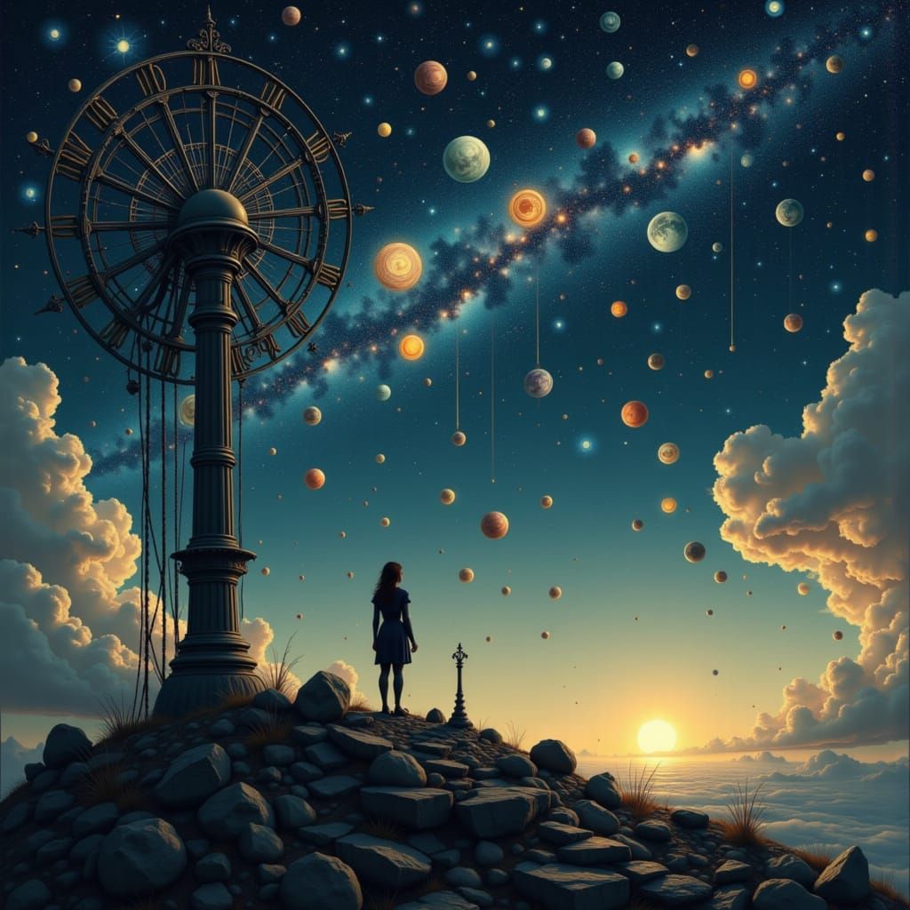 Solitary Figure Tends Celestial Clockwork in Ancient Observa...