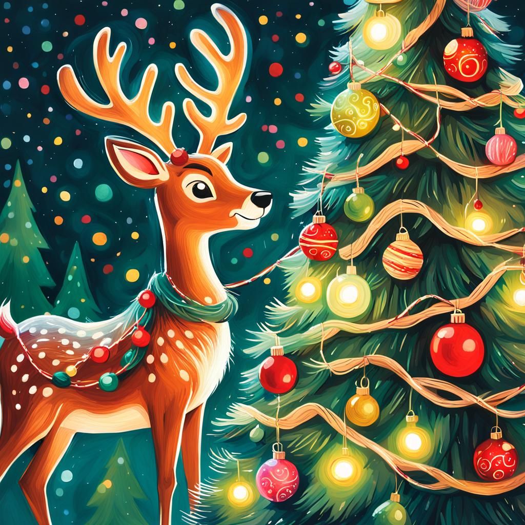 Whimsical Christmas Tree Scene with Rudolph