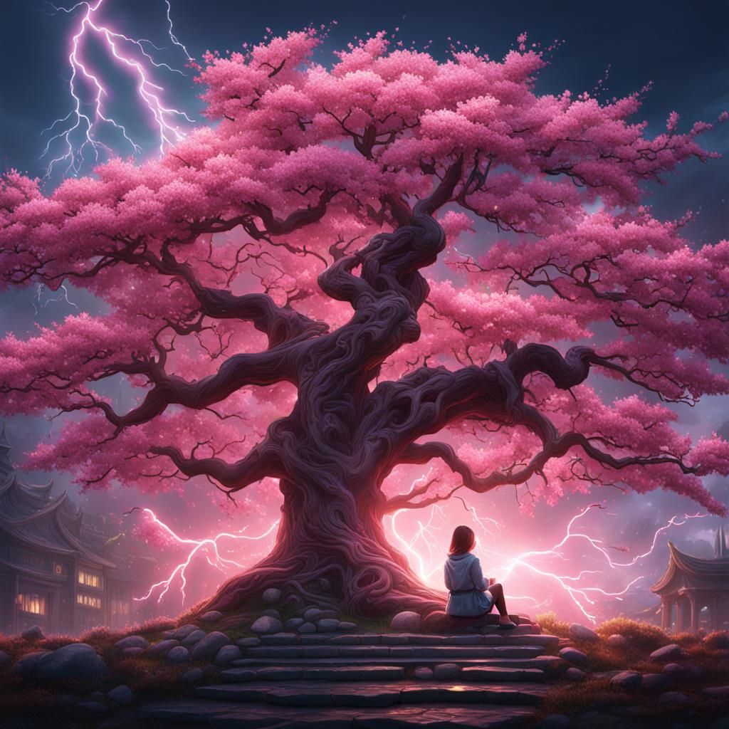 Cherry Blossom Tree with Pink Lightning: Fantasy Art