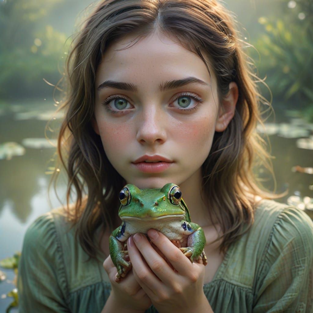 Girl with Green Eyes and Frog in Impressionist Style