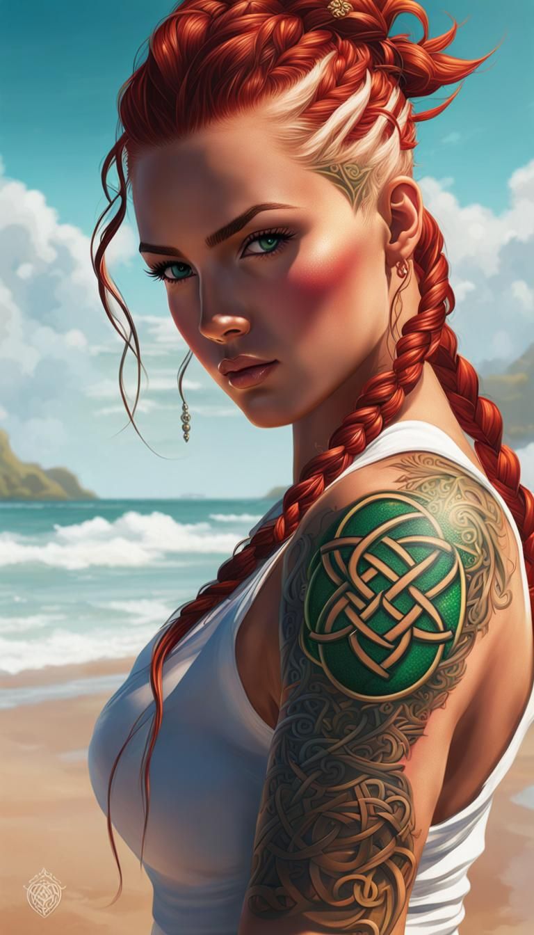 Hyperrealistic Girl on Fantasy Beach at Golden Hour
