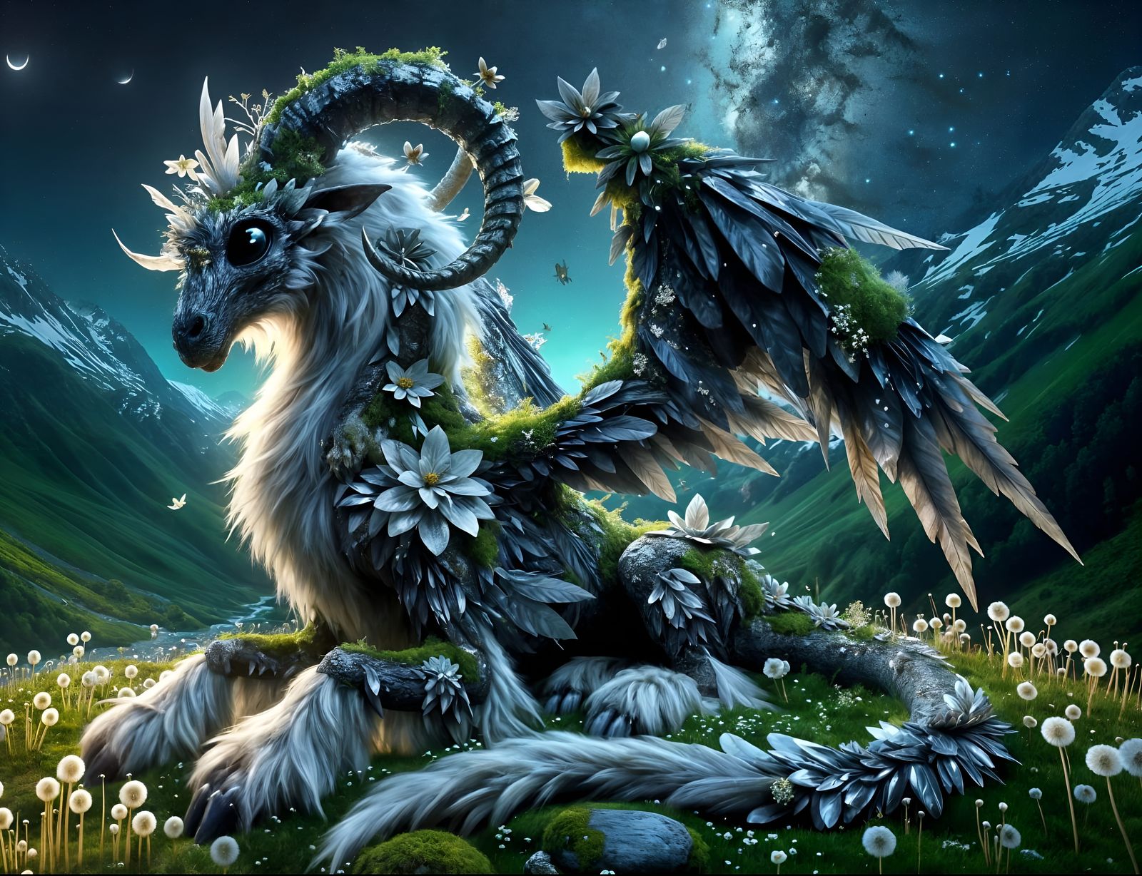 Ethereal Dragon-Ram Forest Spirit in Mountains