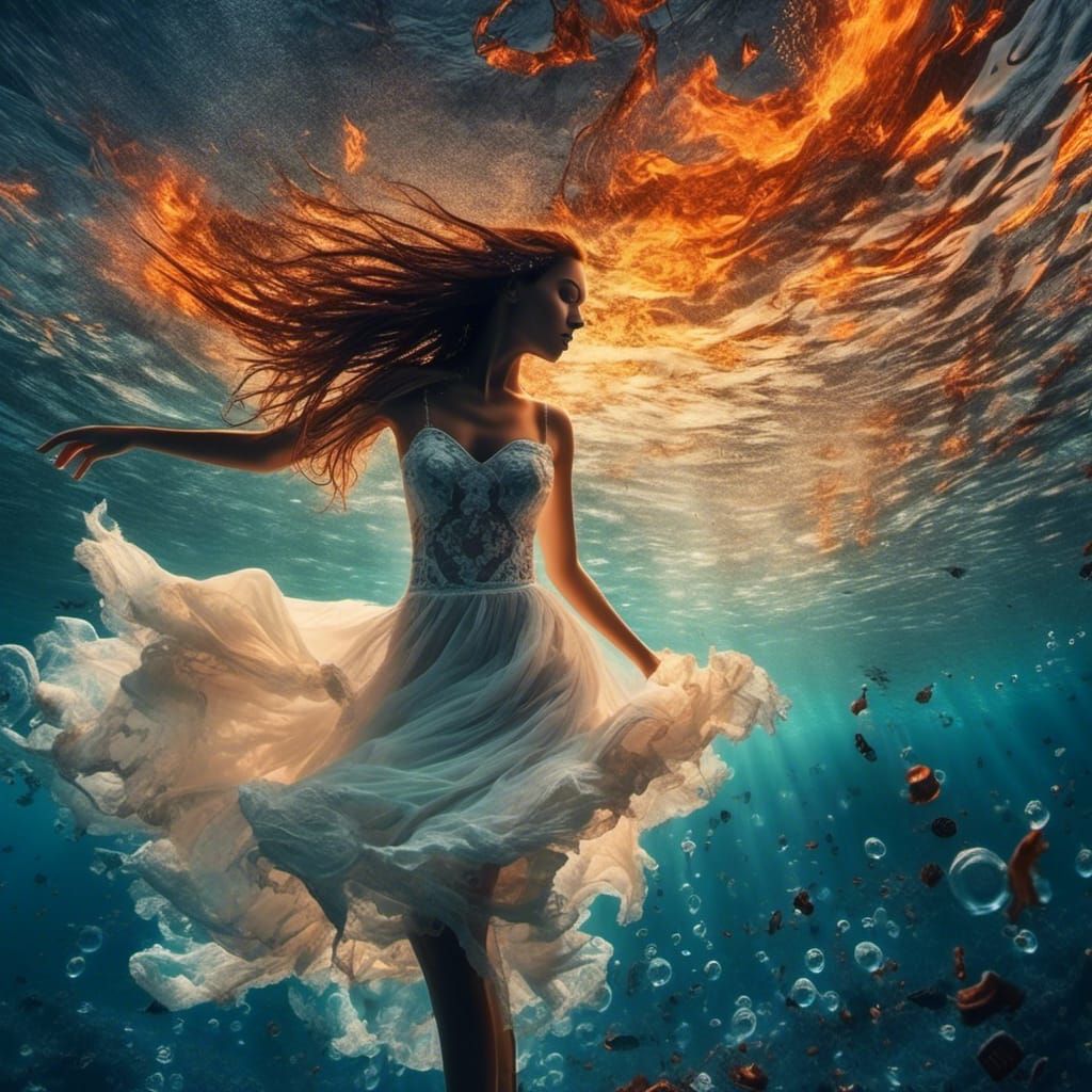 Underwater Woman Dancing with Fiery Hair