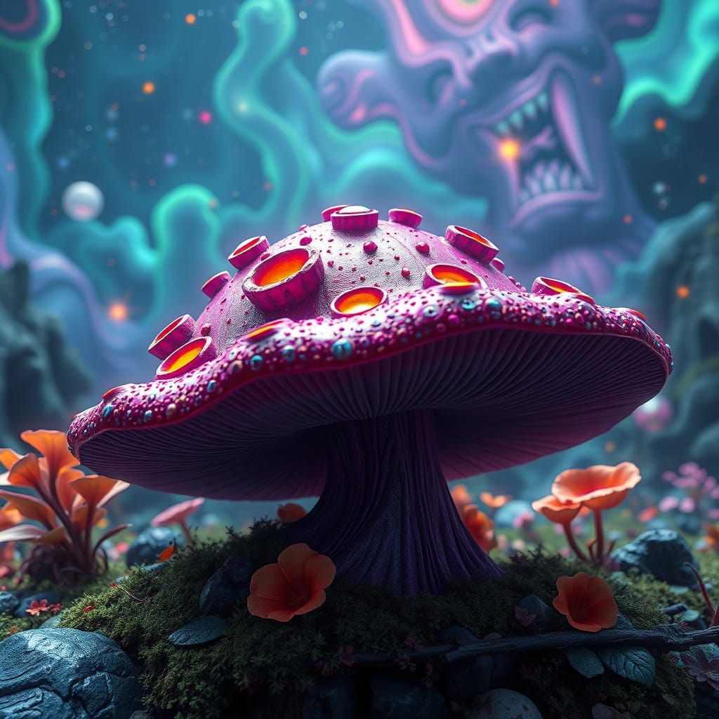 Vibrant Psychedelic Mushroom in LSD-Inspired Digital Art