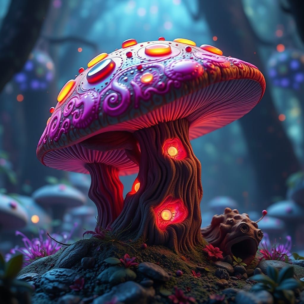 Fantastical Psychedelic Mushroom in Vibrant, Dreamlike Detai...