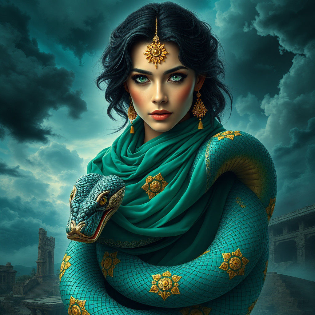 Majestic Cobra Goddess in Vibrant Stormy Landscape