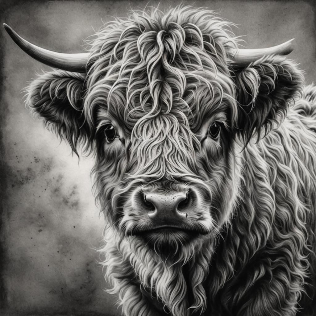Detailed Charcoal Drawing of Adorable Highland Calf