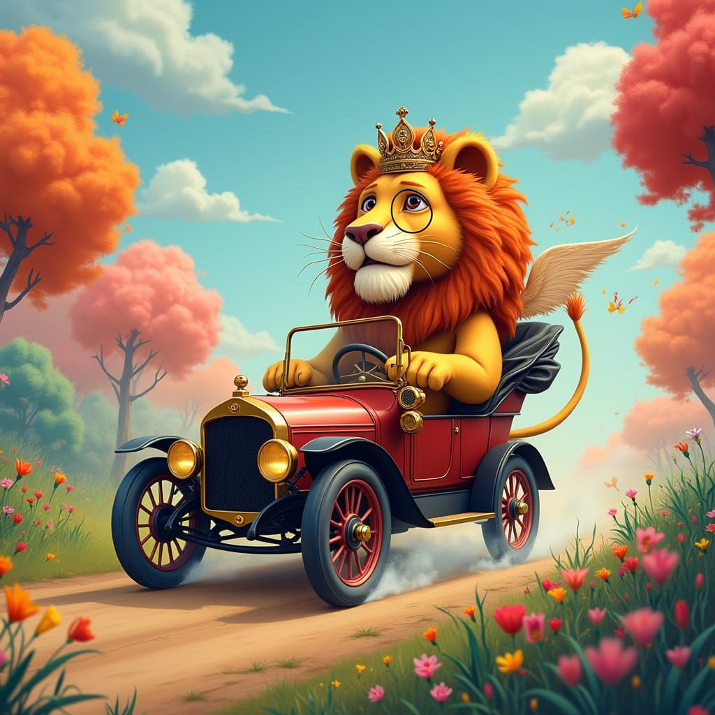 Regal Lion Drives Through Candy-Colored Landscape