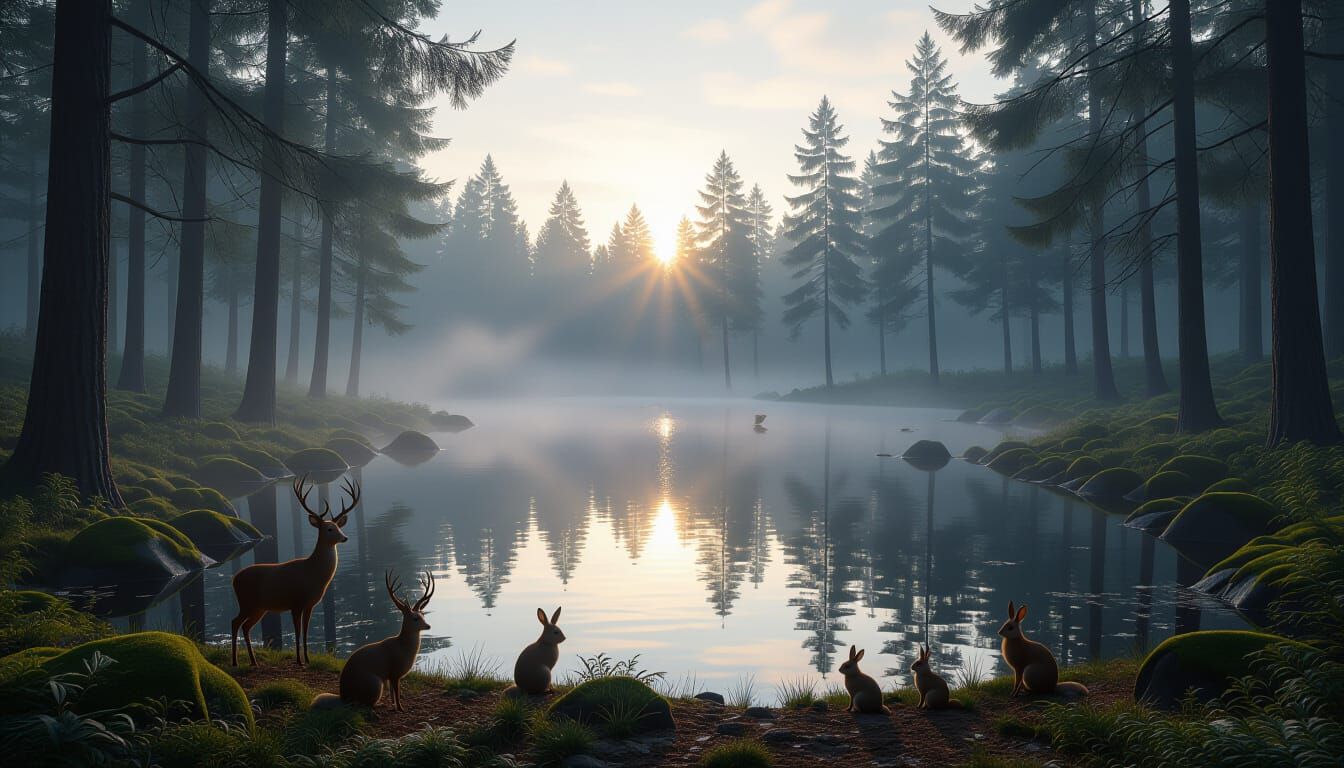 Misty Forest Dawn with Reflective Lake and Wildlife