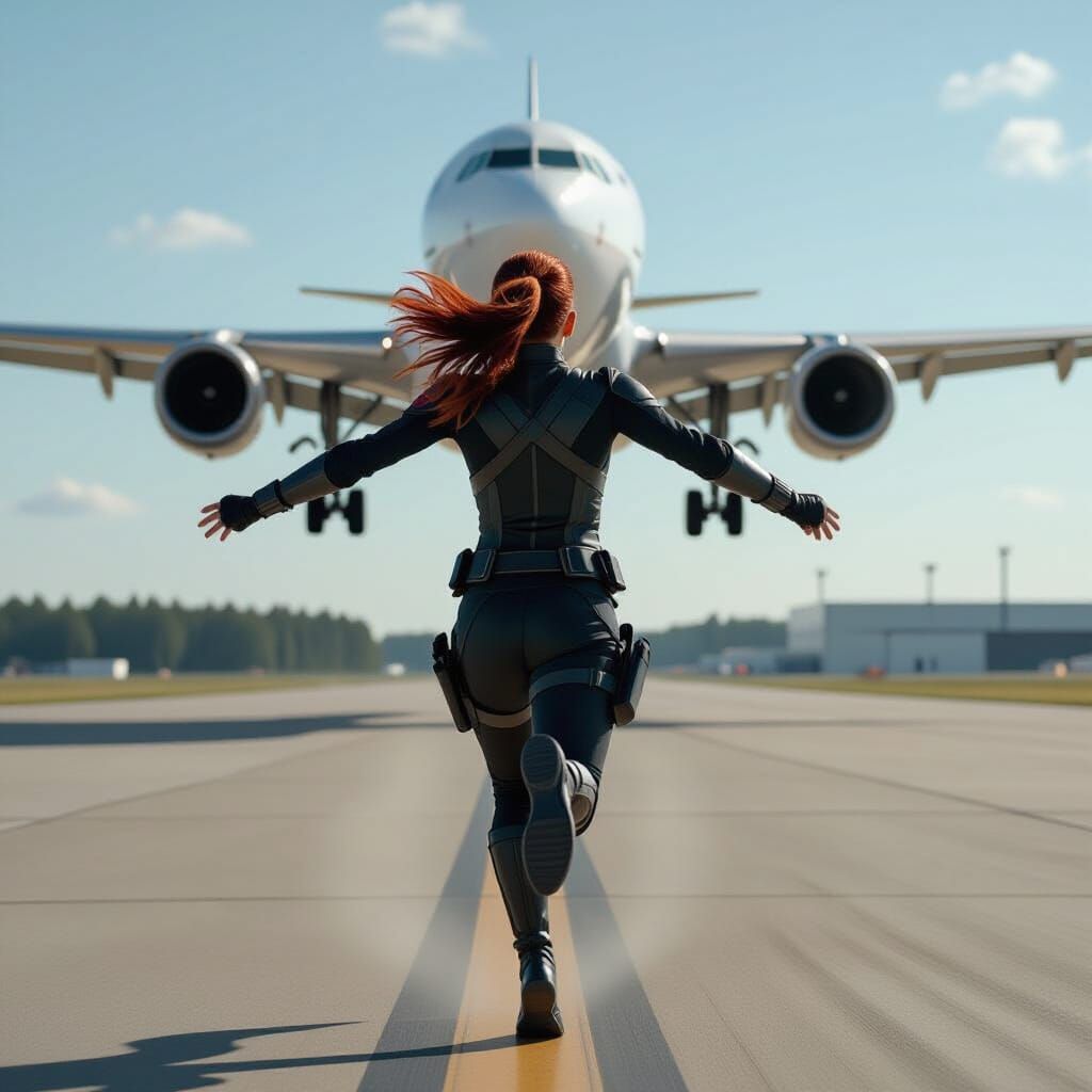 Superheroine Chasing Plane on Airfield