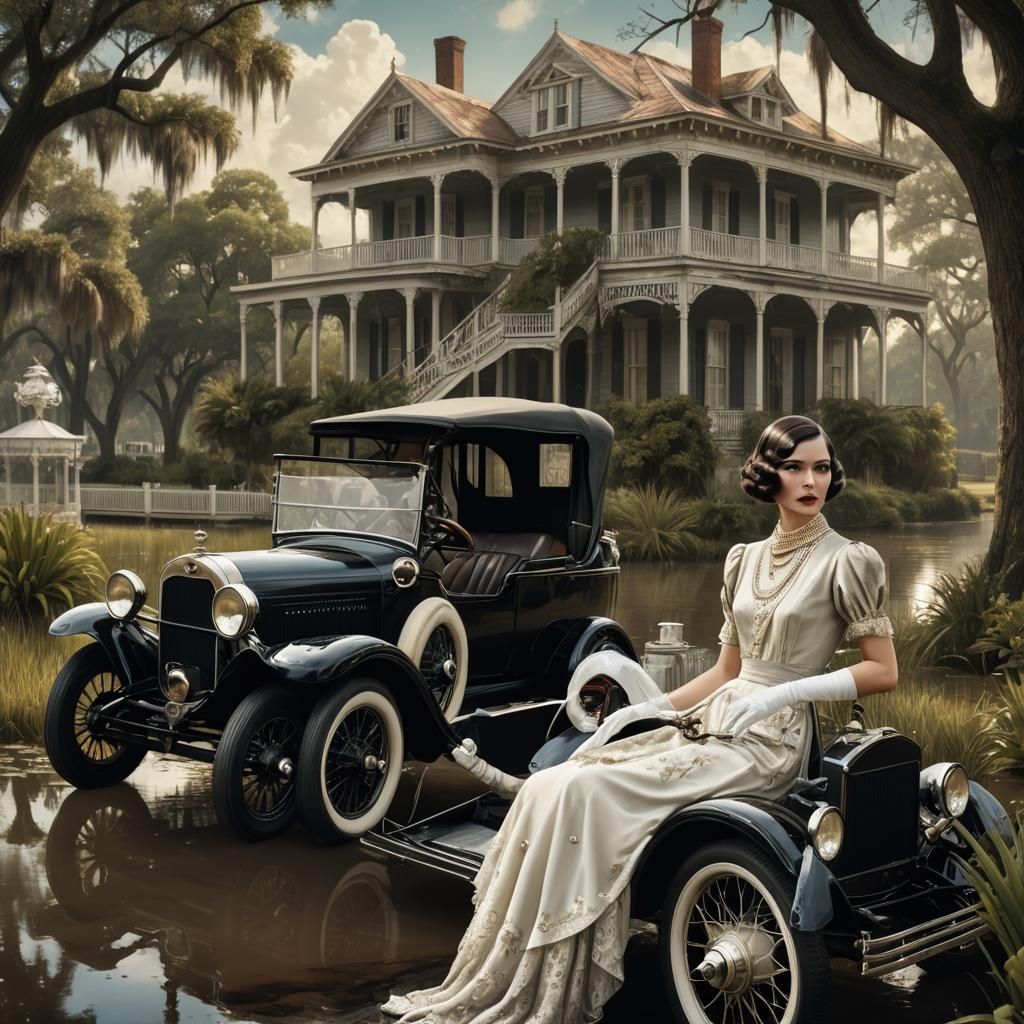 1920s Woman in Louisiana Bayou, Detailed Matte Painting