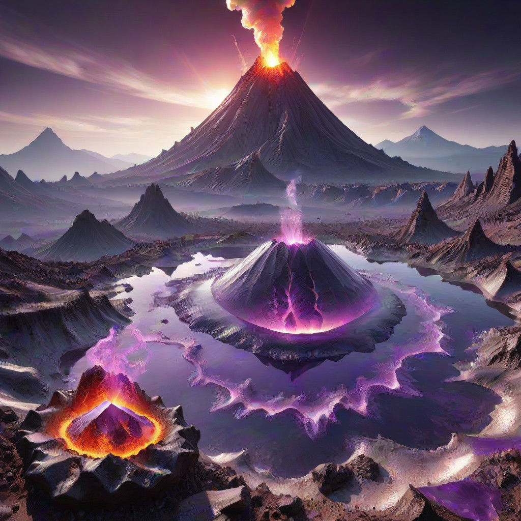 Ethereal Amethyst Landscape with Volcanic Eruption