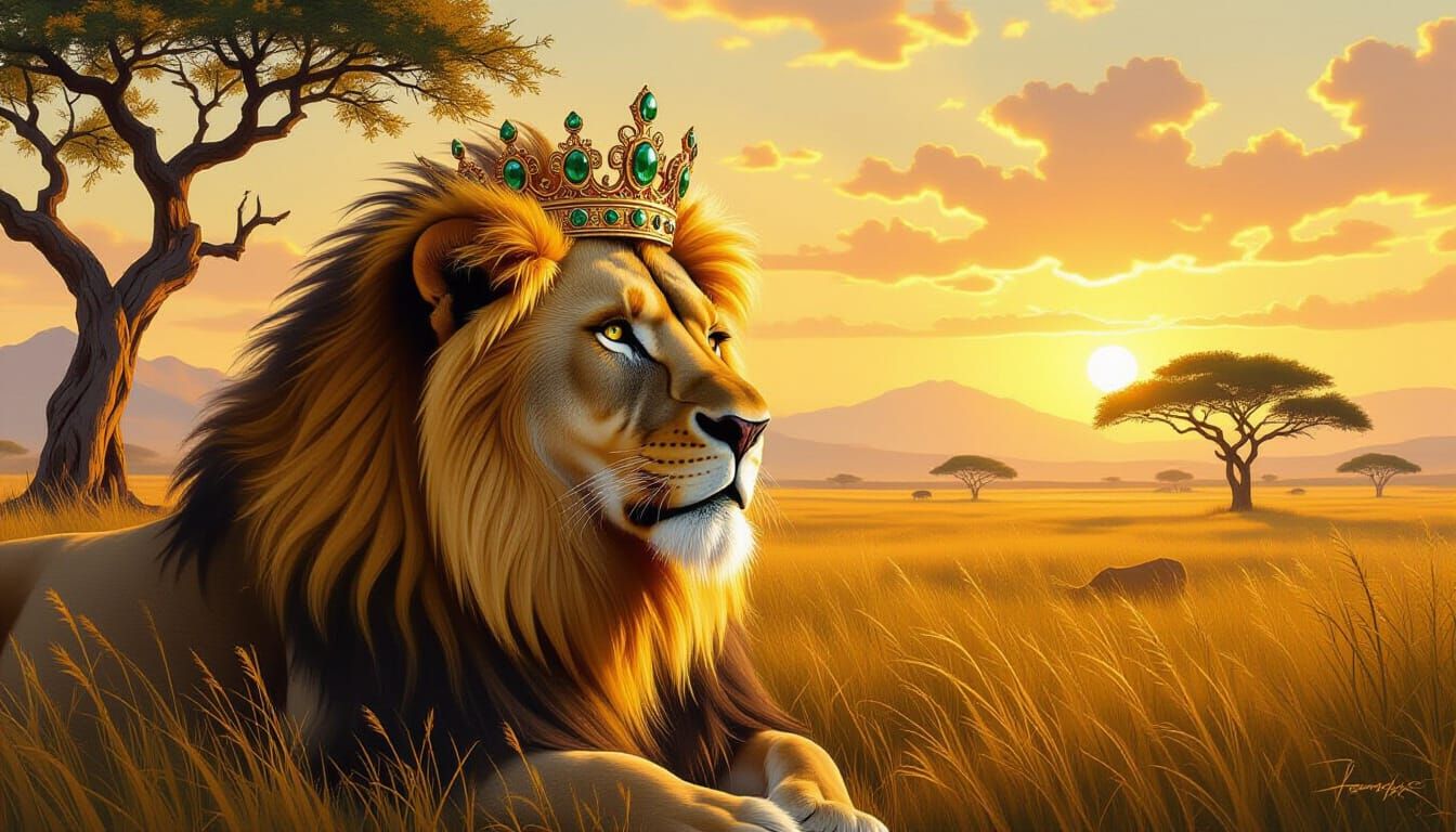 Majestic Lion King Surveys Golden Savanna Kingdom
