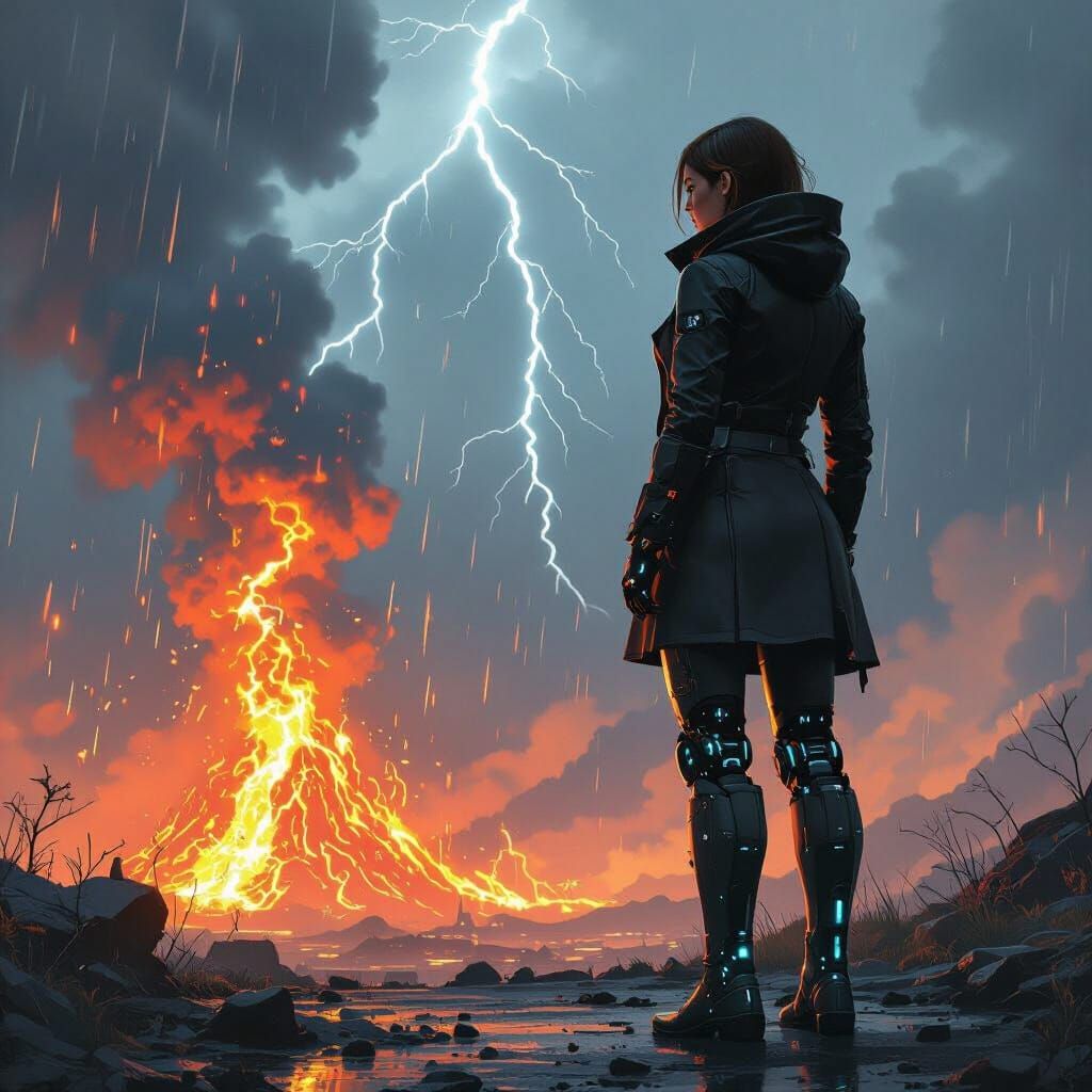 Cyborg Woman Before Volcano in Cyberpunk Style
