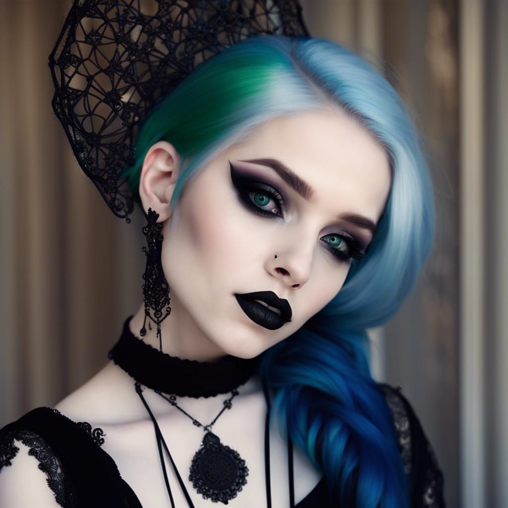 Gothic young lady with blue hair& green eyes& gothic makeup& porcelain white complexion& oval shaped face& small round n...