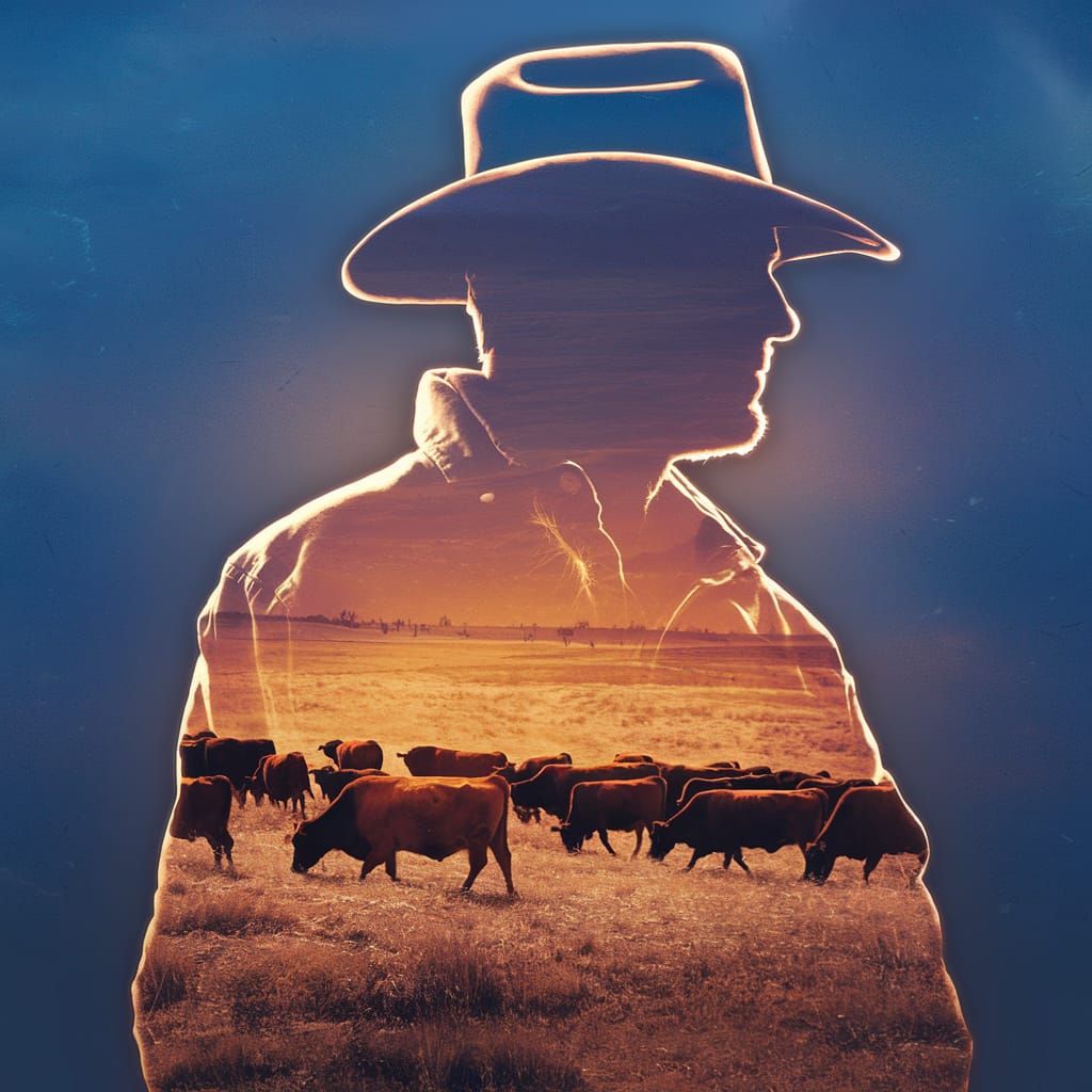 Cowboy Silhouette Double Exposure: Prairie Cattle