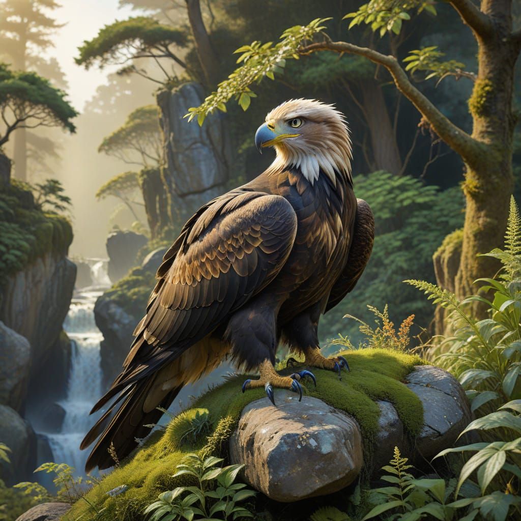 Regal Eagle Cat Hybrid Perched on Ancient Moss-Covered Stone