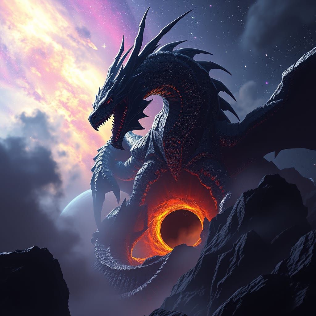 Epic Black Dragon Devours Black Hole in Cosmic Art
