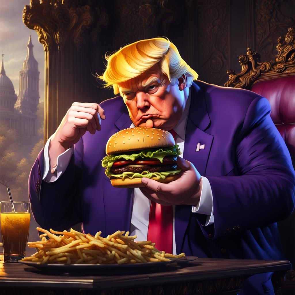 Humorous Fantasy Image of Man Eating Hamburger