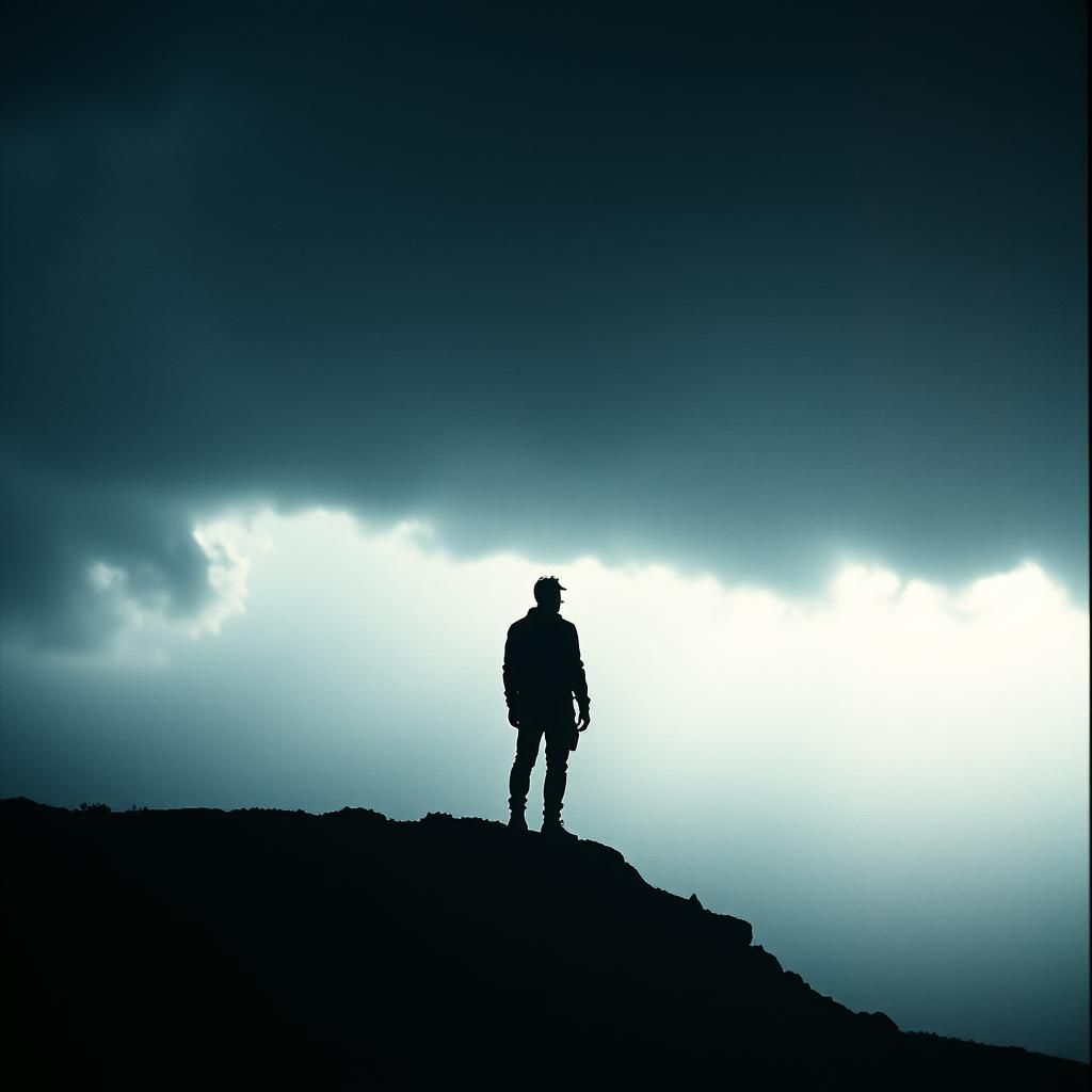 Dramatic Figure in Stormy Landscape, Cinematic Still