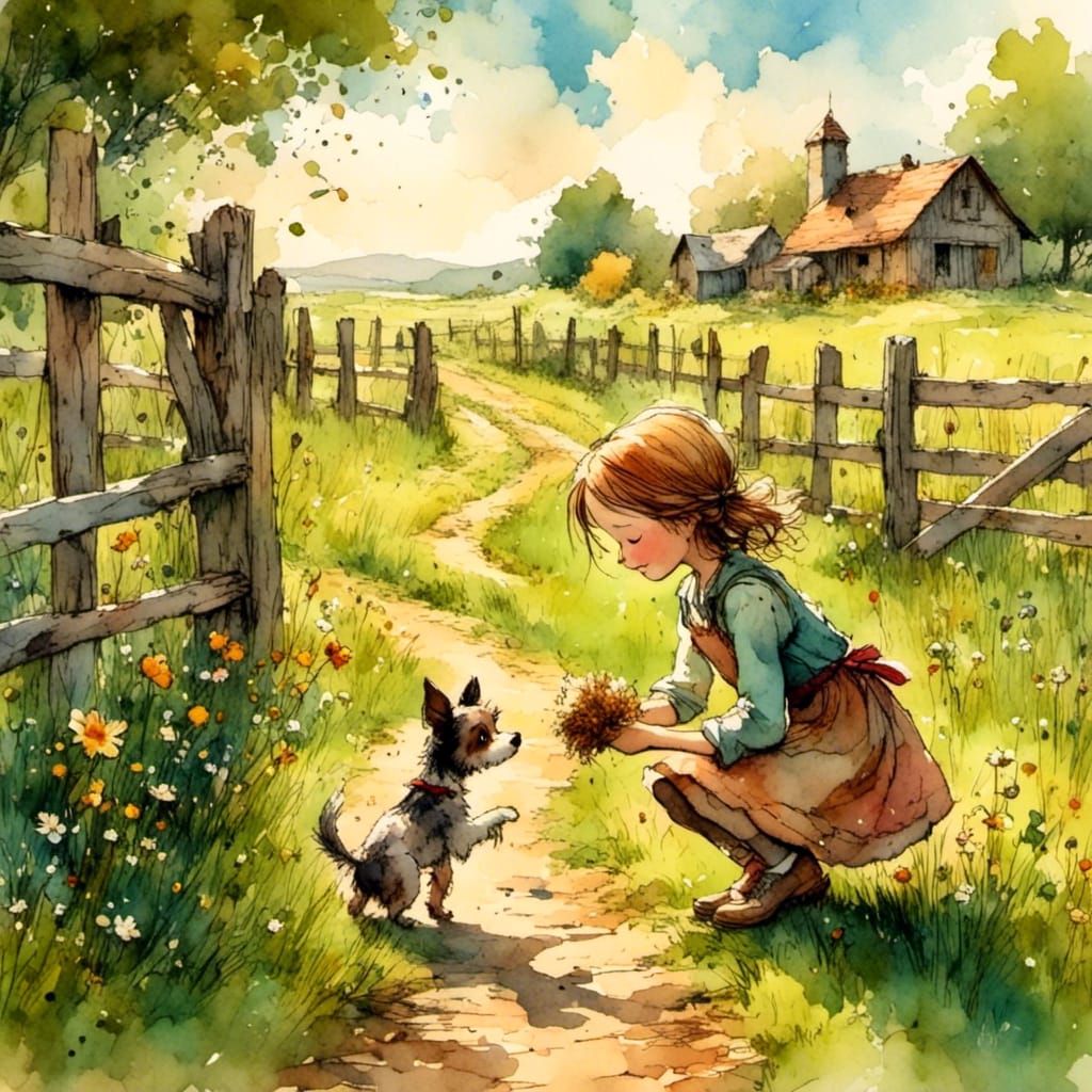 Girl and Dog in Sunlit Pixar Animation Style