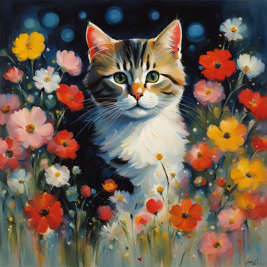 Cat on Pillow Surrounded by Flowers: Painterly Style