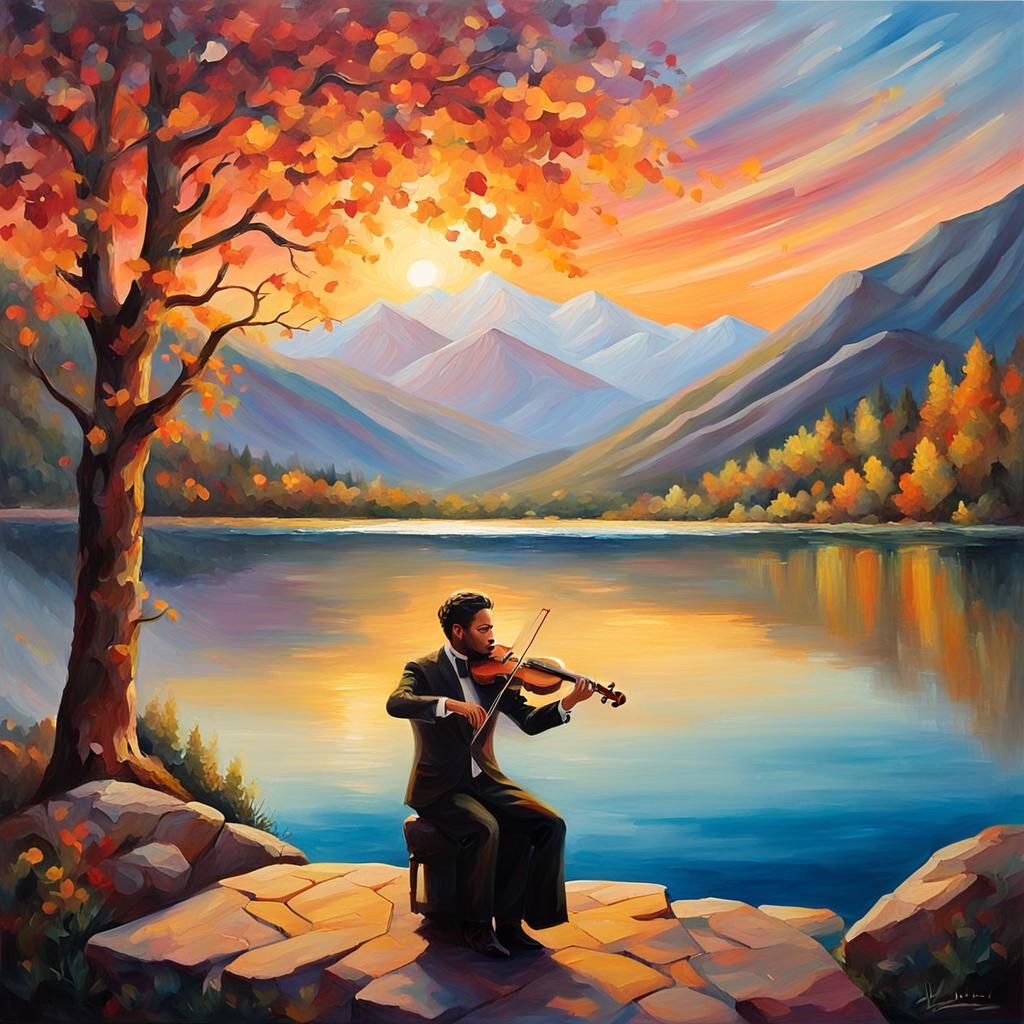 Violinist Performs at Sunset: Oil Painting