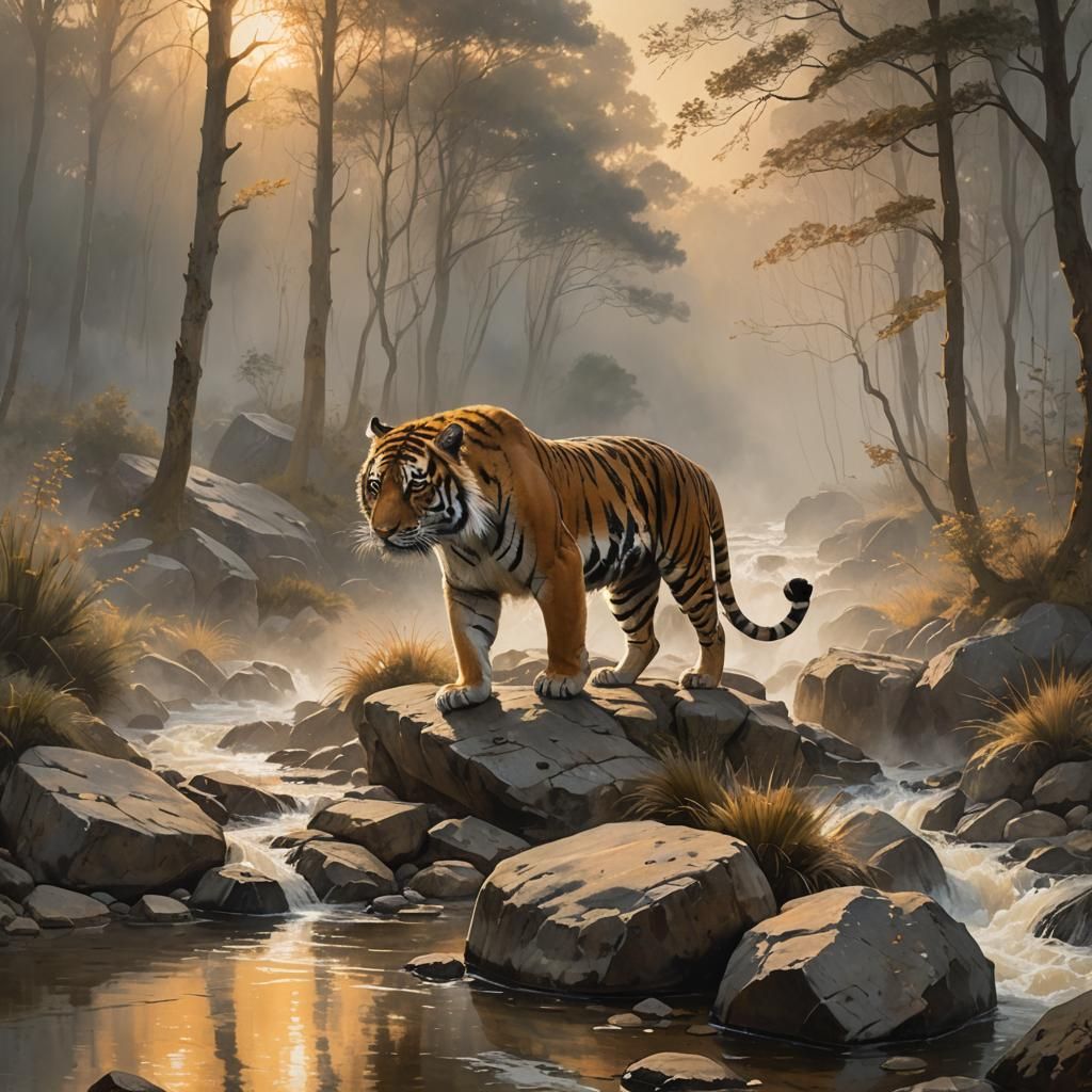 Tiger Emerging from Mist in Romantic Style
