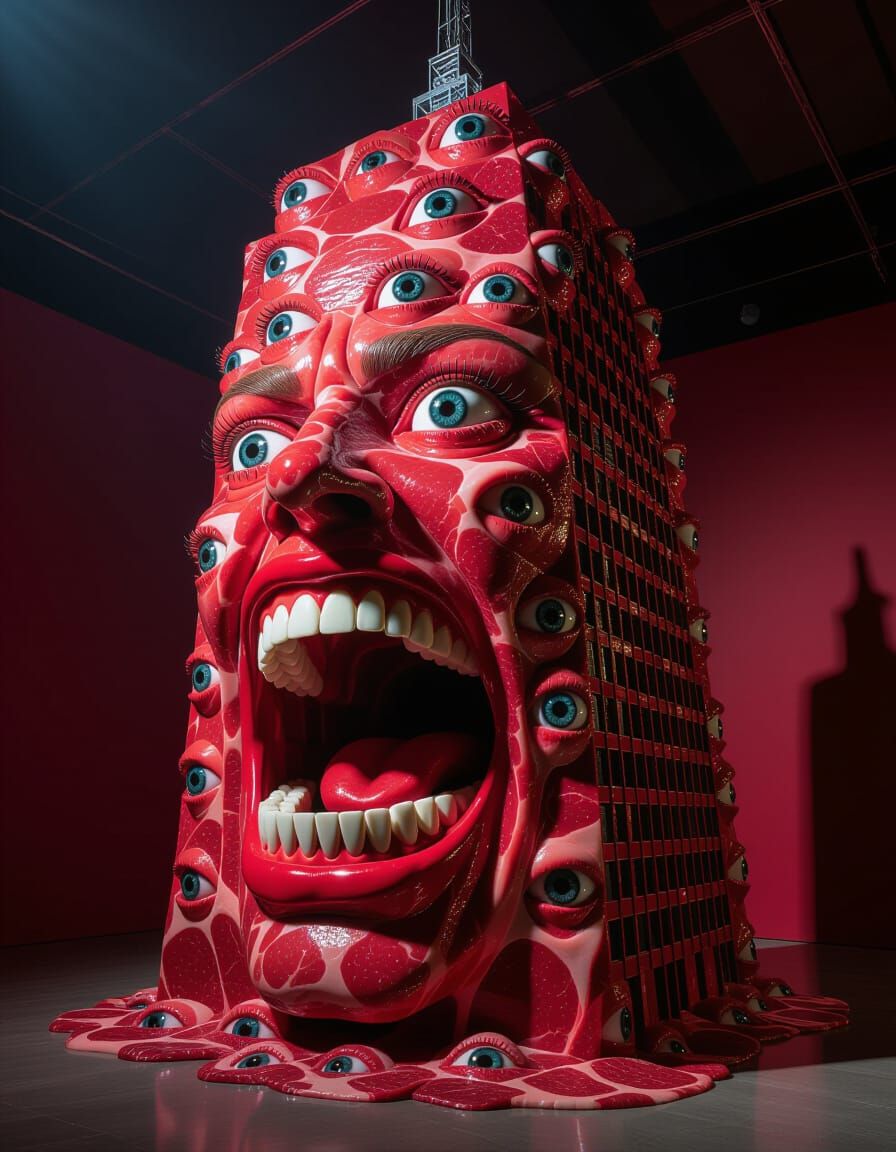 Grotesque Meat Skyscraper with Human Eyes and Teeth