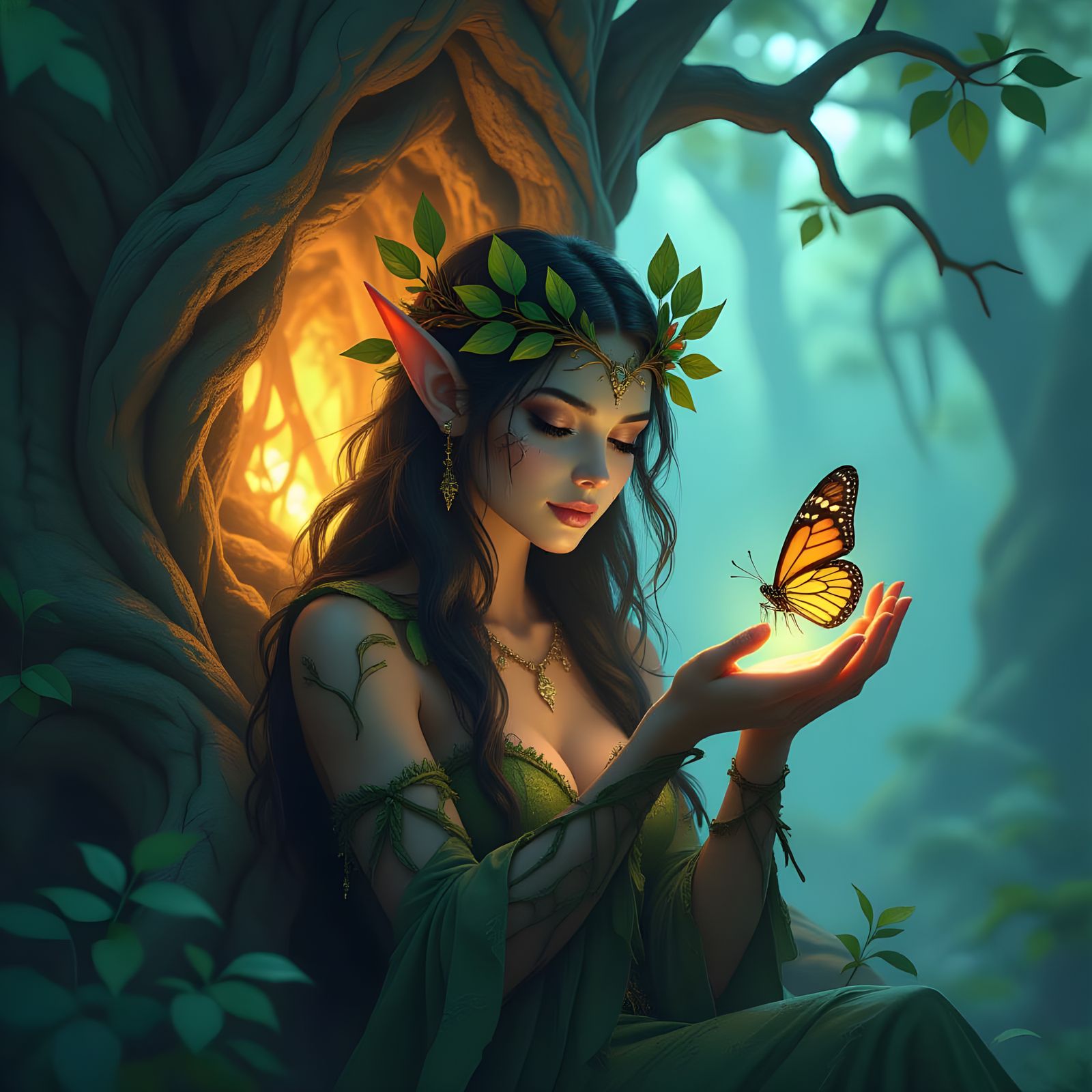 Dryad Elf Emerges from Glowing Tree with Luminescent Butterf...