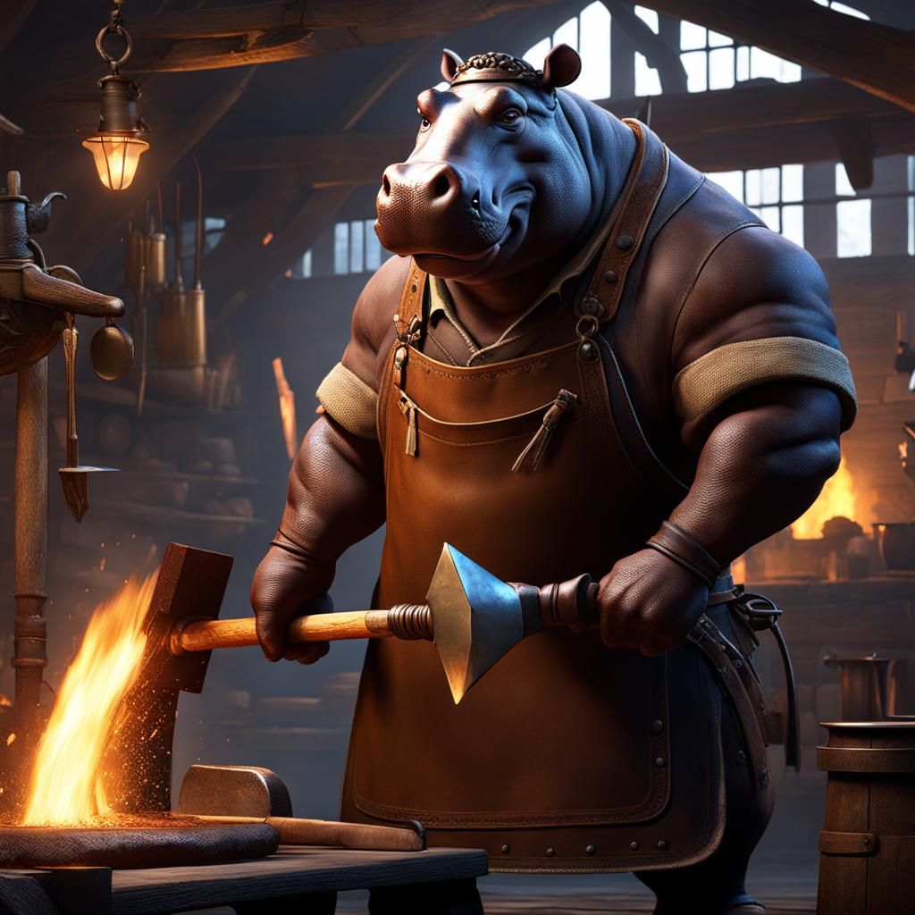 Hippo Blacksmith in Dark Fantasy Concept Art
