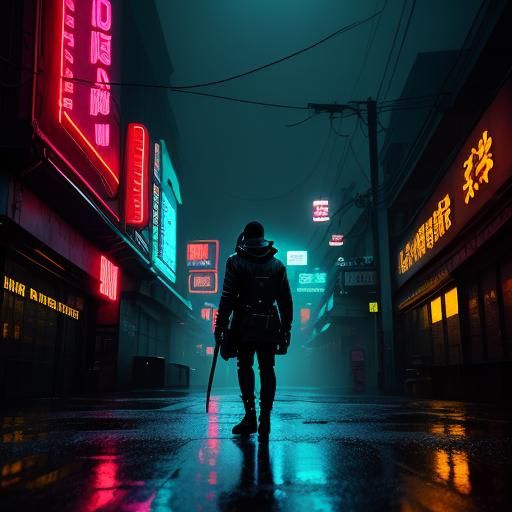 Cyberpunk Rebel on Highway in Neon Film Still