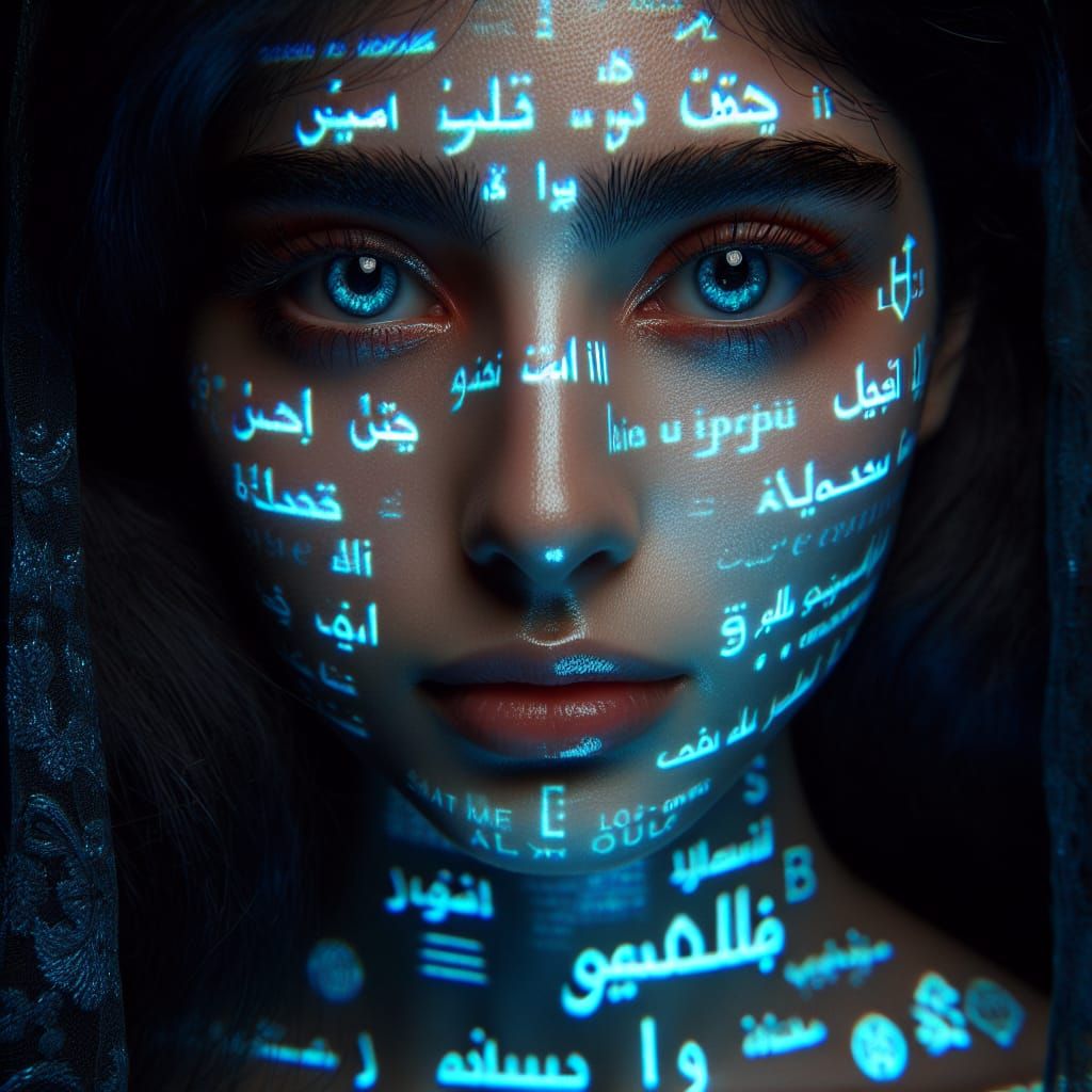 Woman's Face Adorned with Glowing Blue Letters