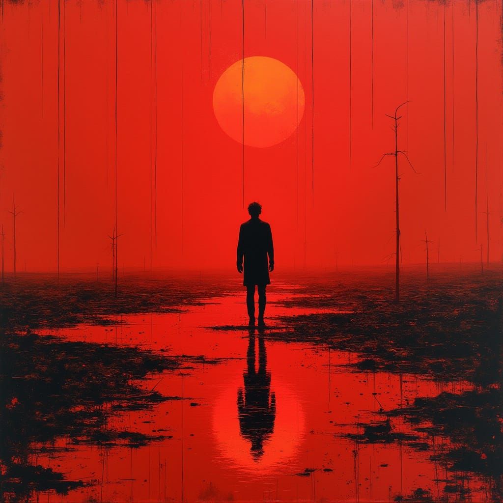 Lonely Figure in Desolate Landscape: Red Double Exposure