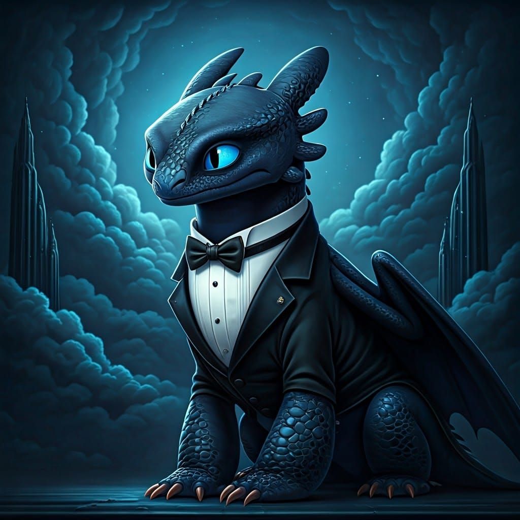Sophisticated Night Fury Dragon in Black Tuxedo