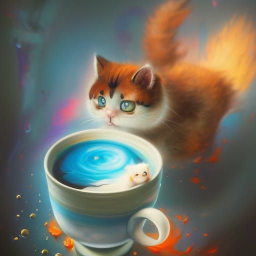 Kitten in Coffee Cup: Digital Art Illustration