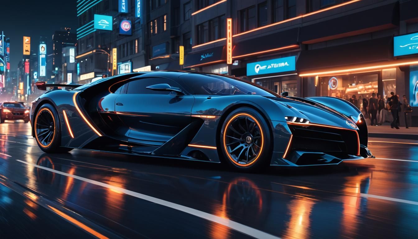 Futuristic Bugatti Supercar on Neon Highway