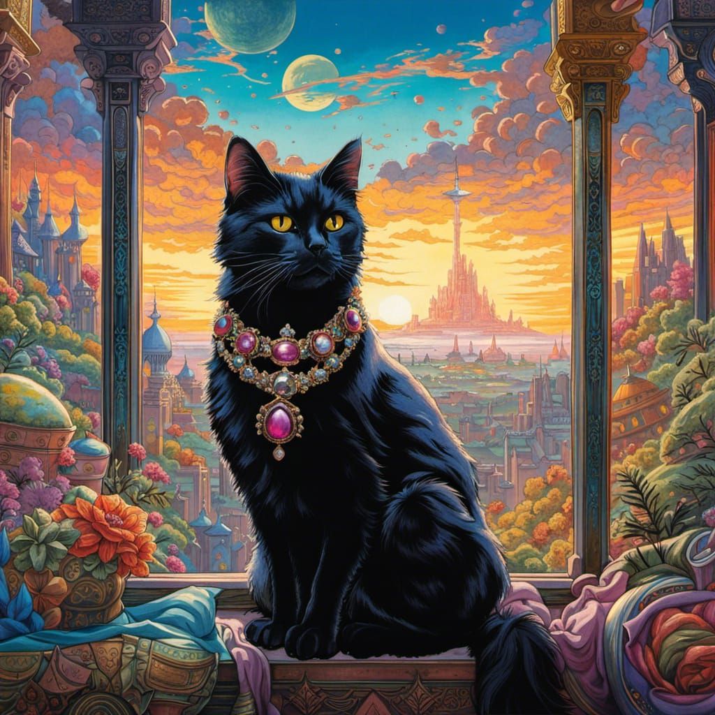 Regal Black Cat Overlooking Sci-Fi Landscape