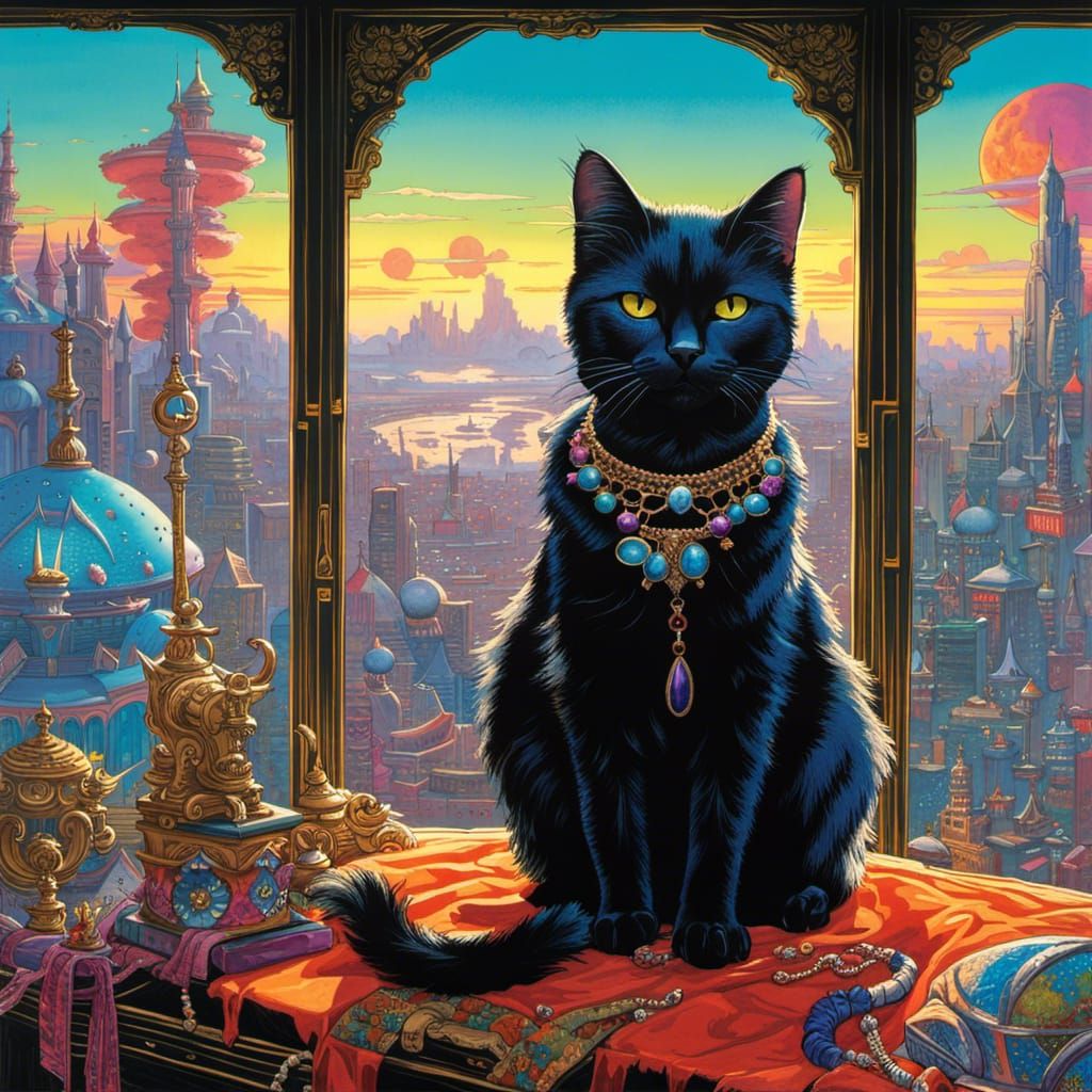 Crowned Cat Overlooking Sci-Fi Landscape