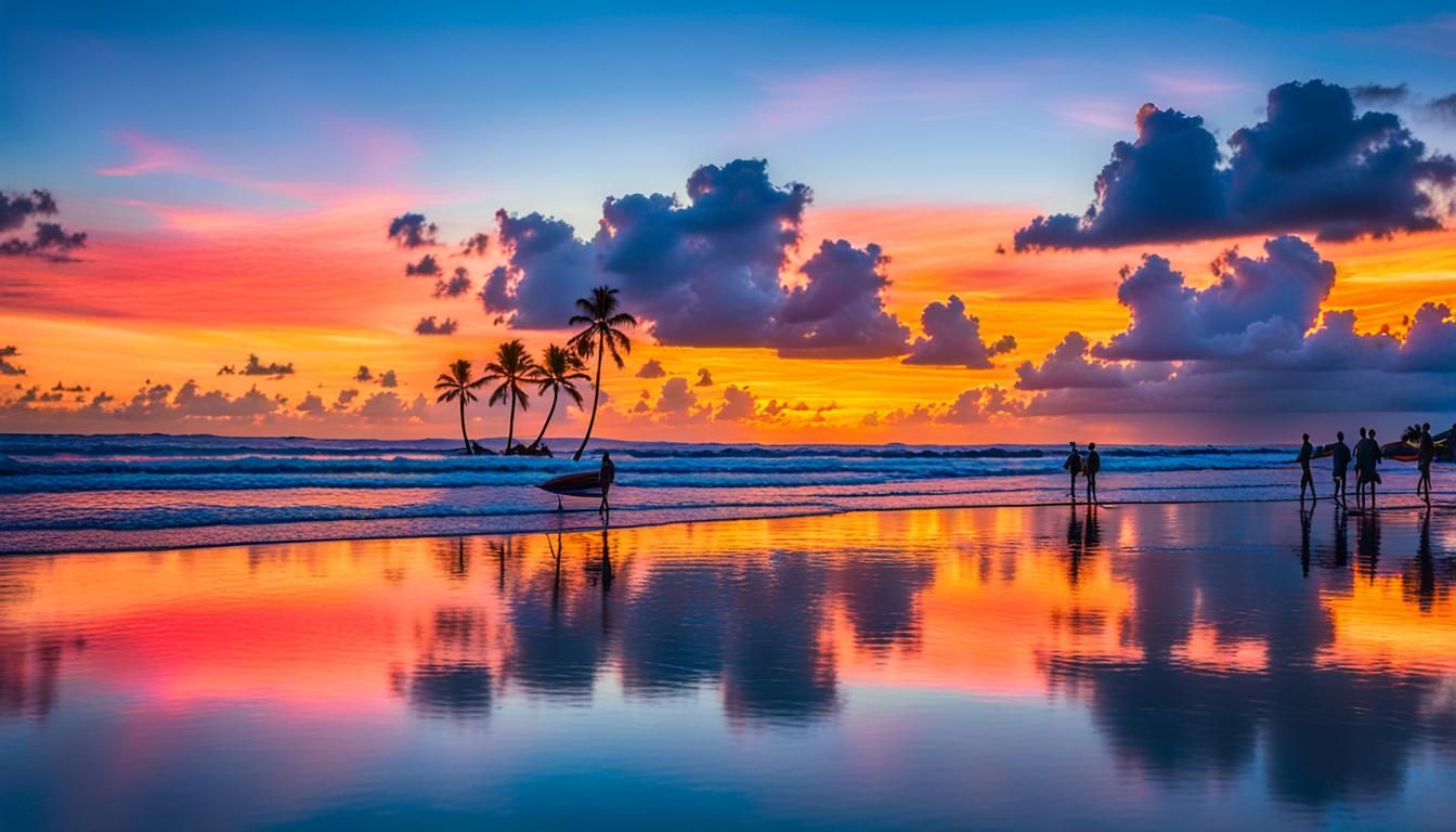 Tropical Beach Sunset with Surfers