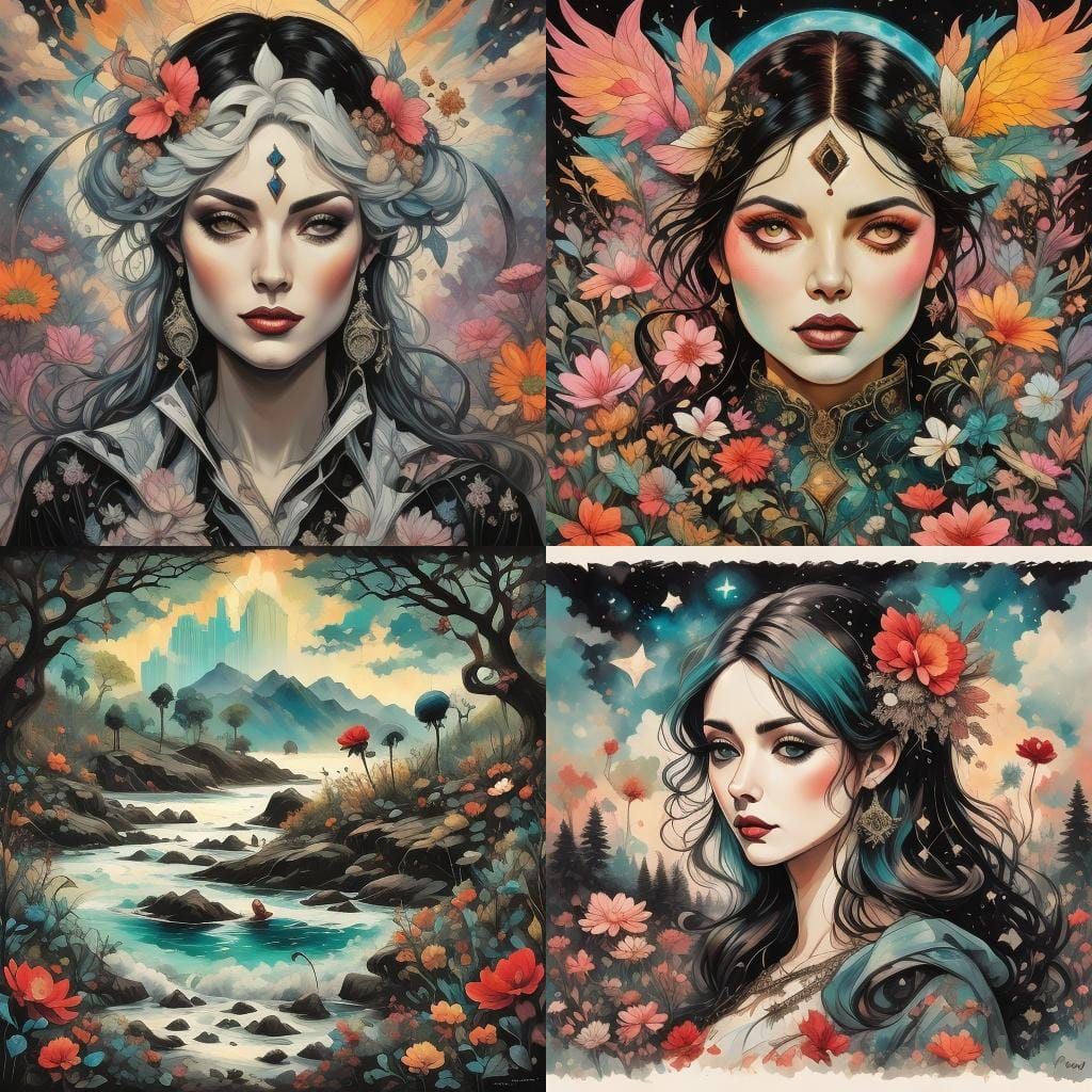 Abstract Composition in Jet-Black with Floral Elements