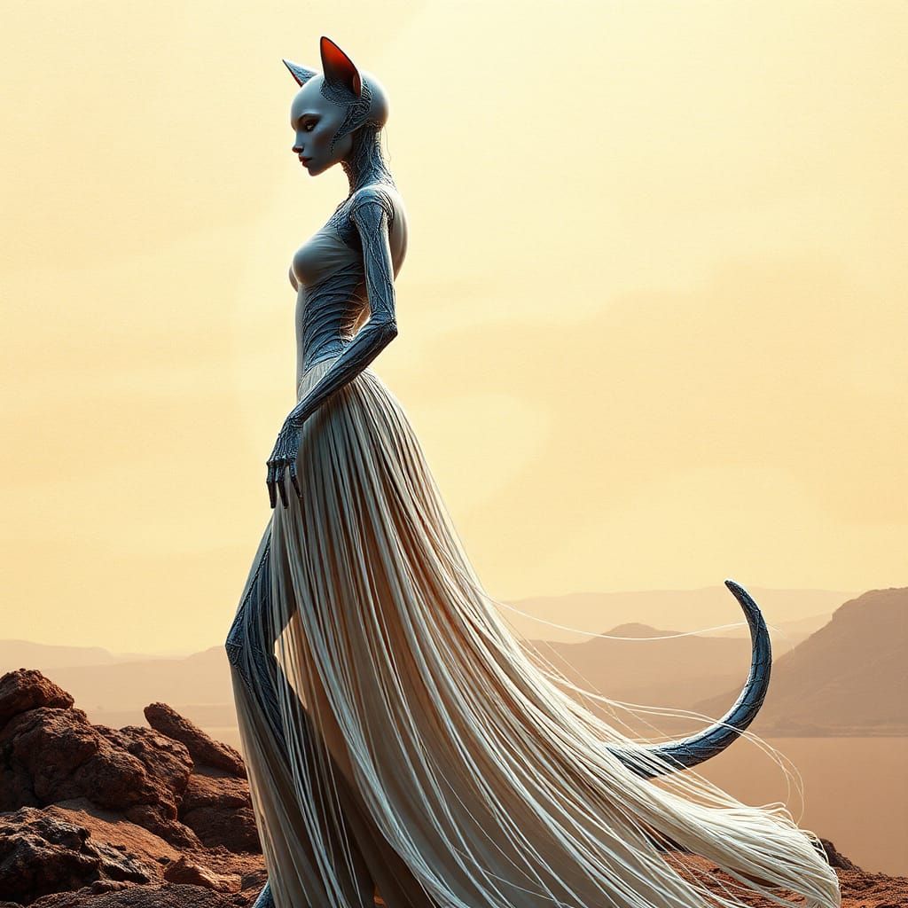 Android Woman of Strings in Futuristic Landscape