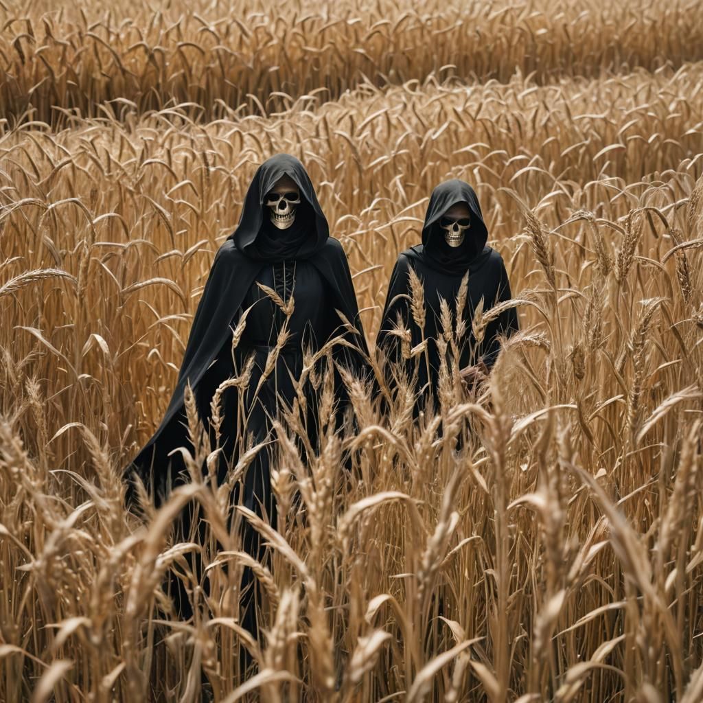 Realistic Grim Reapers Strolling Through Wheat Field