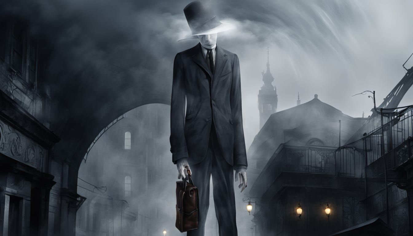 Surreal Cityscape with Tall, Faceless Figure Walking Through...