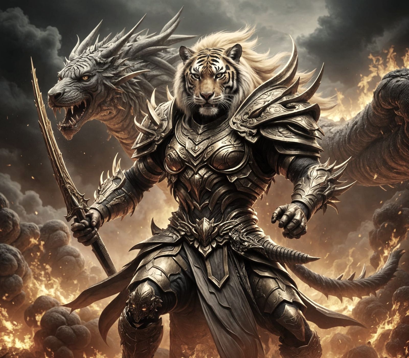 Tiger Warrior Fighting Dragon in Inferno: Photorealistic 8K