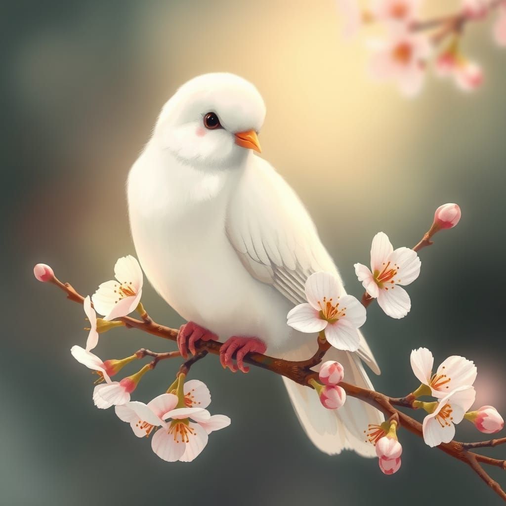 Elegant White Dove on Cherry Blossom Branch in Whimsical Sty...
