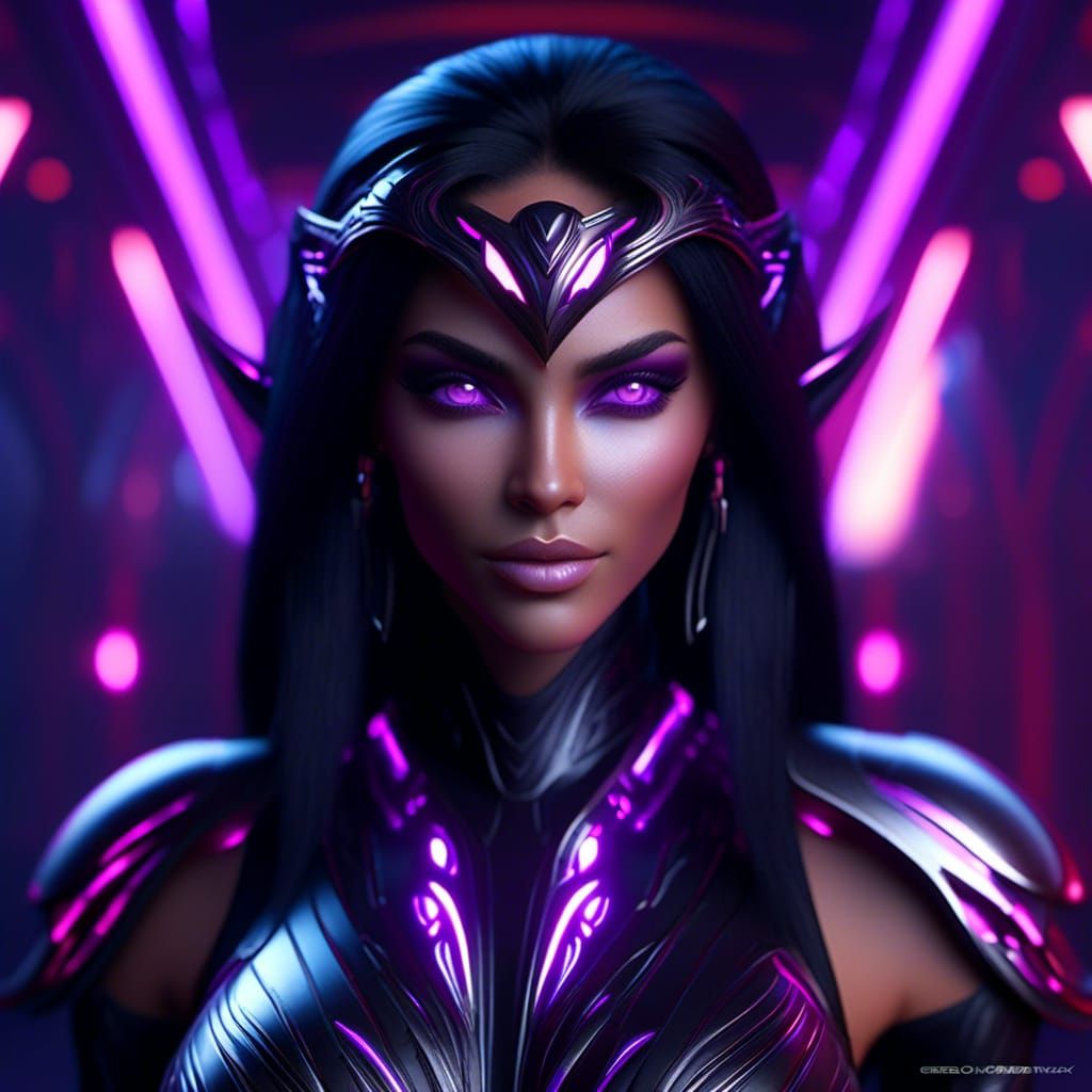 purple skin void female elf smirking, hyperdetailed SF suit, long black hair, pink glowing eyes, dynamic pose, dark uv l...