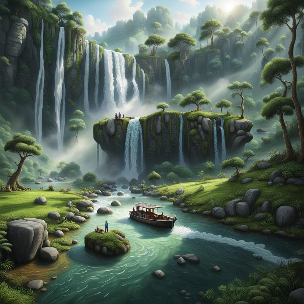 Giant Stone Hand Island with Waterfall