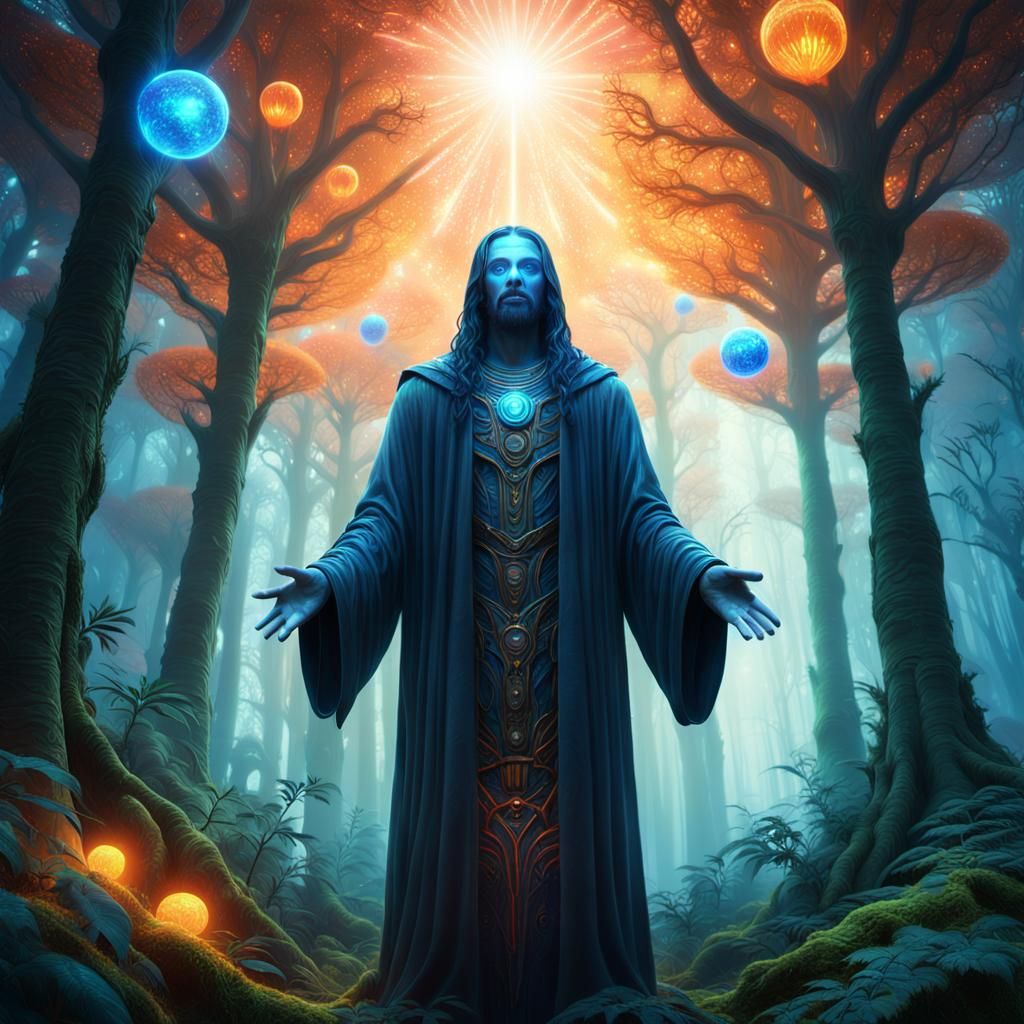 Alien Jesus in Mystical Forest, Digital Matte Painting